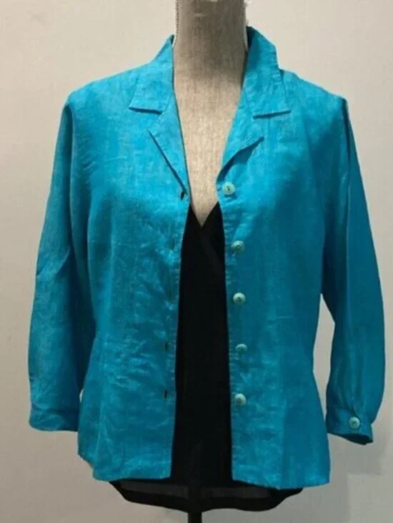 Flax Linen Long Sleeve Jacket Blue top - Picture 4 of 13